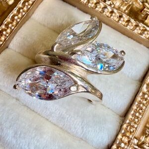 Sterling Silver Triple Marquise Clear Crystal Statement Ring Size 8.5